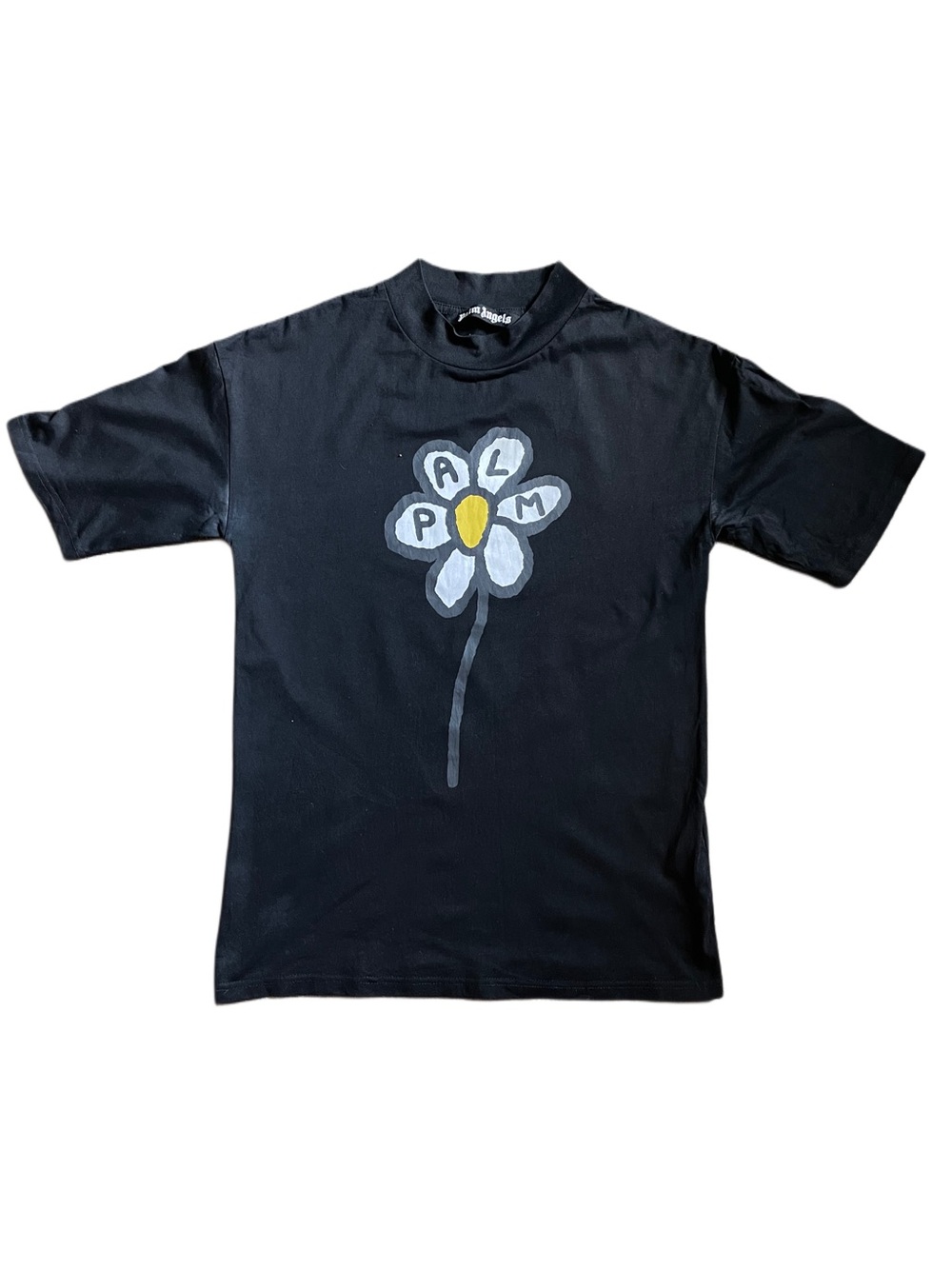 Palm Angels Black Tee with Gray & Yellow Flower Graphic
